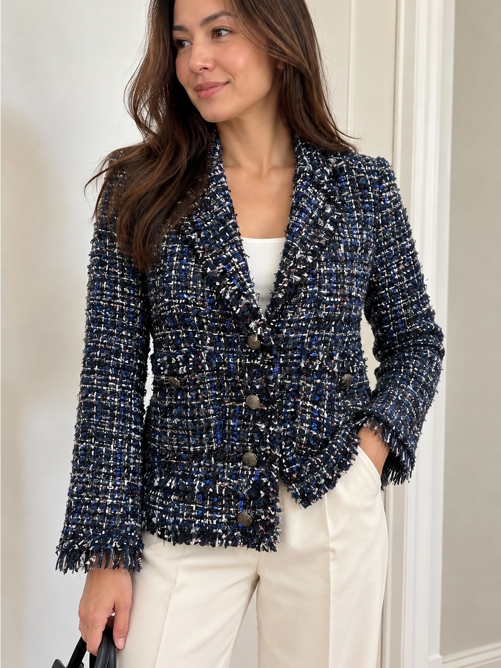 ZARA BLUE METALLIC TWEED BLAZER JACKET Size S